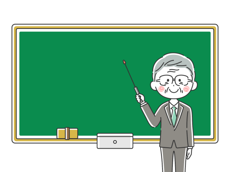 指し棒を使って黒板で授業する年配の男性教師の透過PNGイラスト
