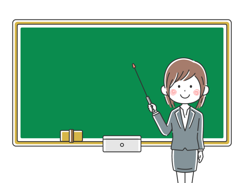 指し棒を使って黒板で授業する女性教師の透過PNGイラスト
