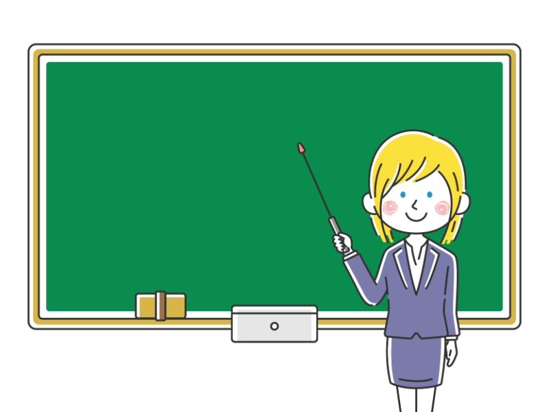 指し棒を使って黒板で授業する白人の女性教師の透過PNGイラスト