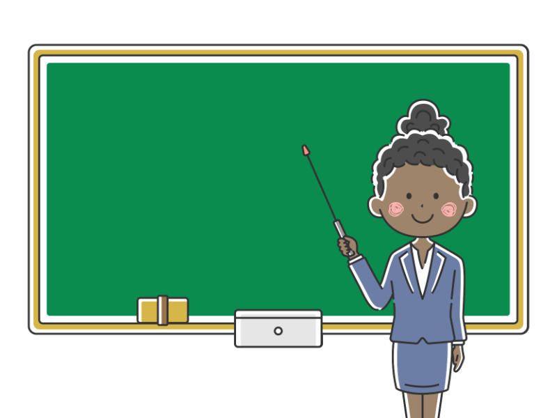 指し棒を使って黒板で授業する白人の女性教師の透過PNGイラスト