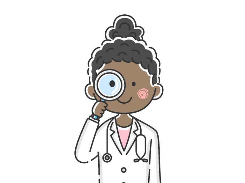 虫眼鏡を使う黒人女医の透過PNGイラスト