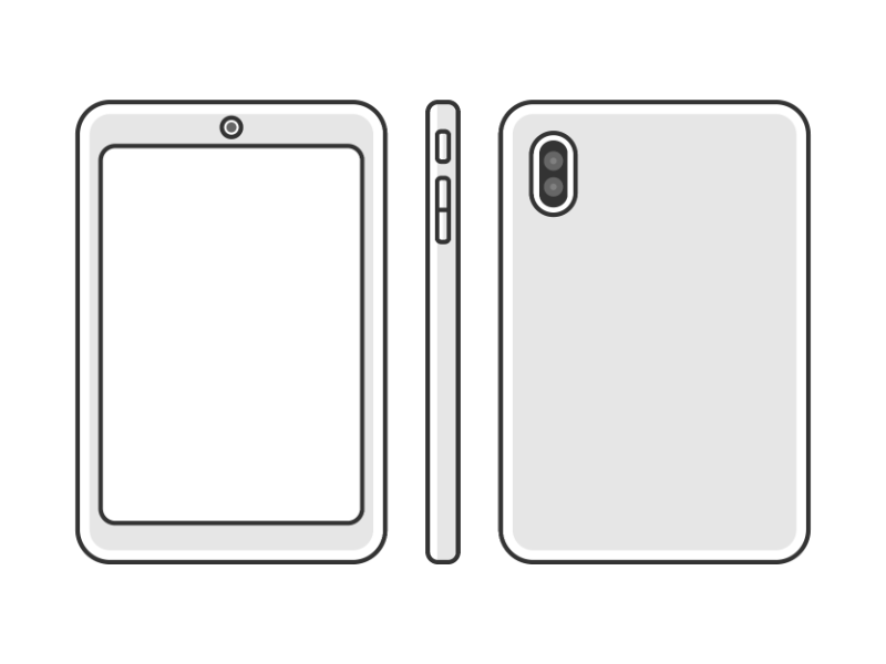 タブレット端末の正面と側面と背面の透過PNGイラスト