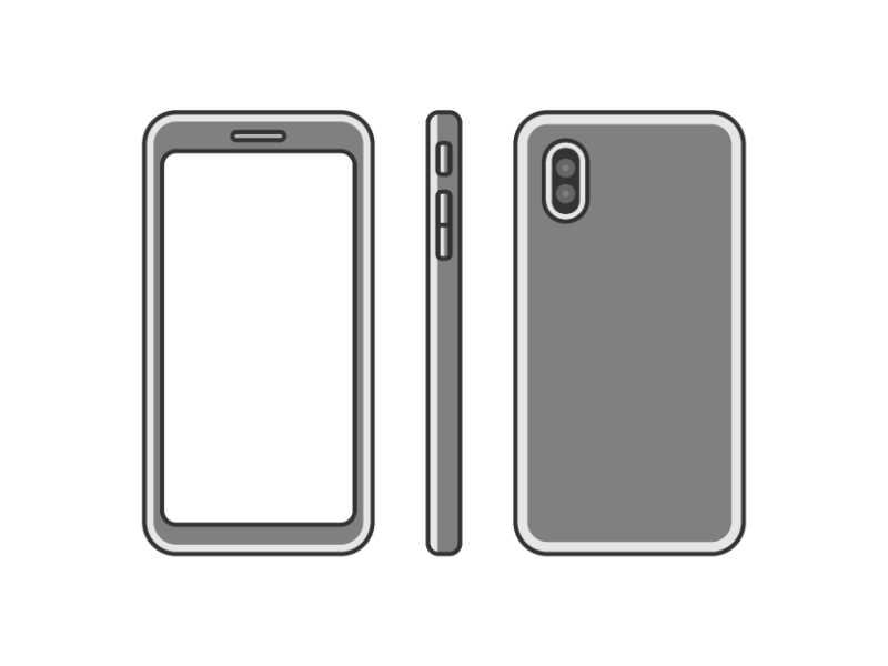 スマートフォンの正面と側面と背面の透過PNGイラスト