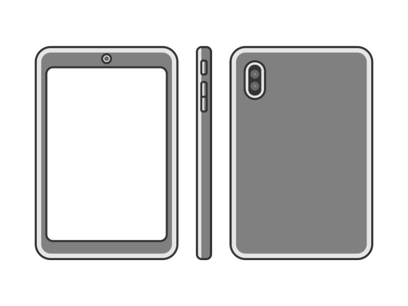 タブレット端末の正面と側面と背面の透過PNGイラスト
