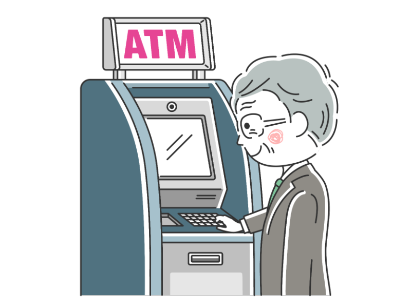 ATMを利用する年配のビジネスマンの透過PNGイラスト