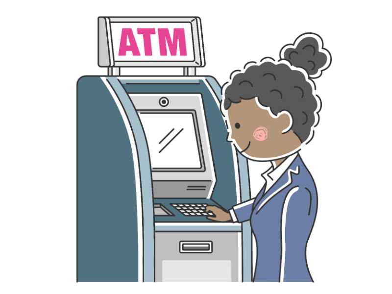ATMを利用する黒人OLの透過PNGイラスト