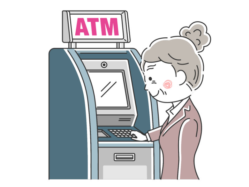 ATMを利用する年配の透過PNGイラスト