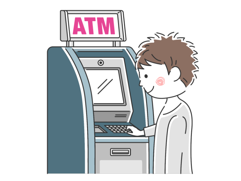 ATMを利用する男性の透過PNGイラスト