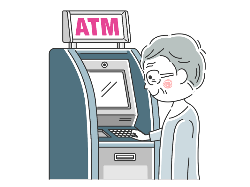 ATMを利用する年配男性の透過PNGイラスト