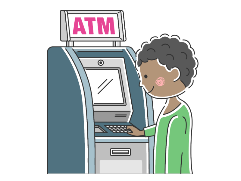 ATMを利用する黒人男性の透過PNGイラスト