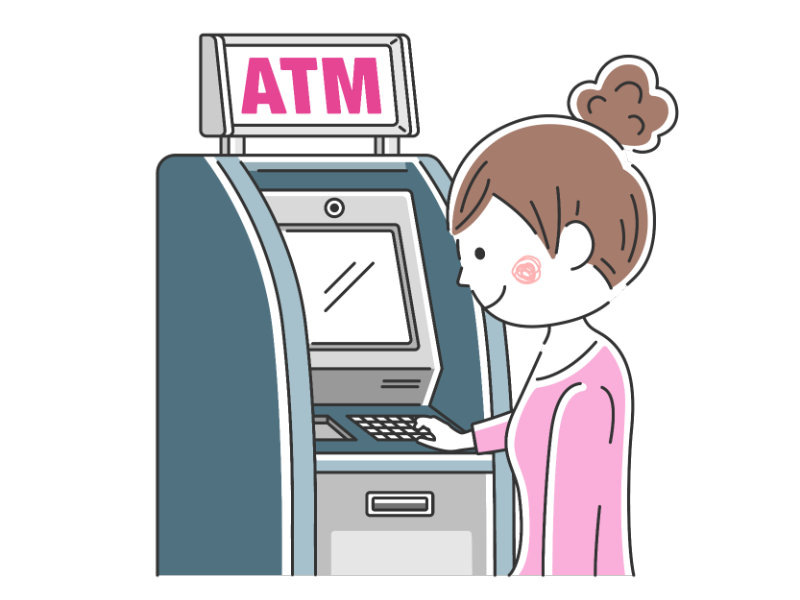 ATMを利用する女性の透過PNGイラスト