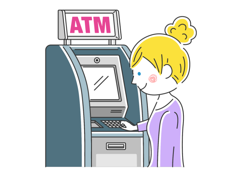 ATMを利用する白人女性の透過PNGイラスト