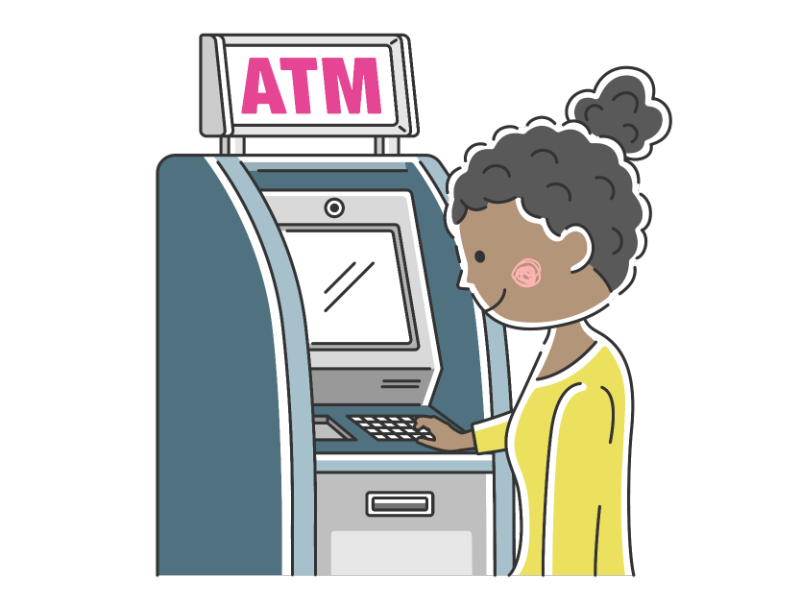 ATMを利用する黒人女性の透過PNGイラスト