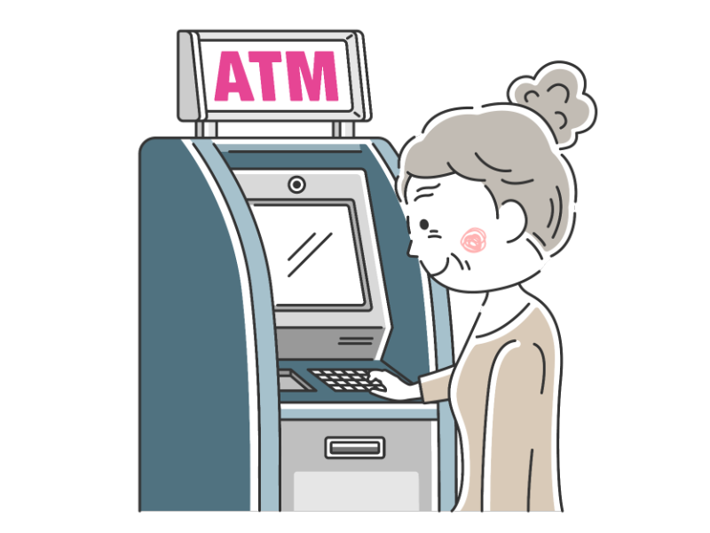 ATMを利用する年配女性の透過PNGイラスト