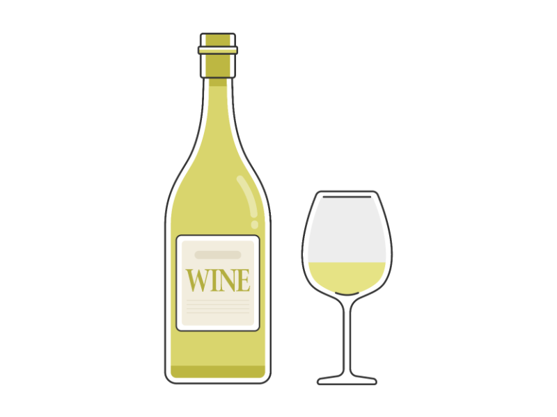 白ワインのボトルとグラスに入ったワインの透過PNGイラスト