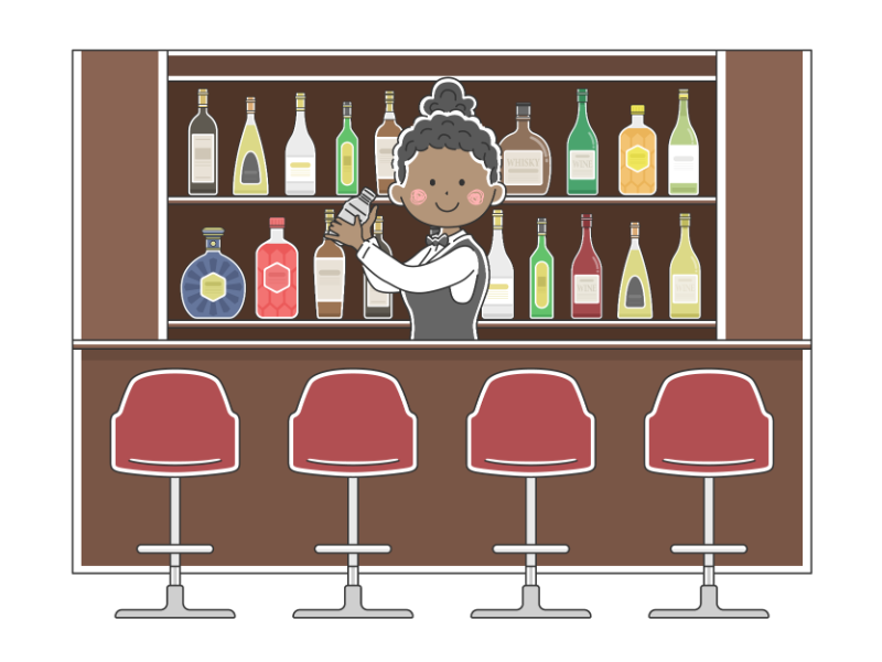 バーで働く黒人女性バーテンダーの透過PNGイラスト