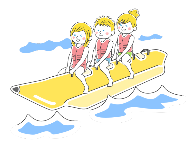 海でバナナボートに乗る白人男女の透過PNGイラスト