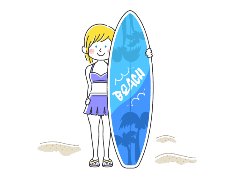 サーフボードを持った水着の白人女性の透過PNGイラスト