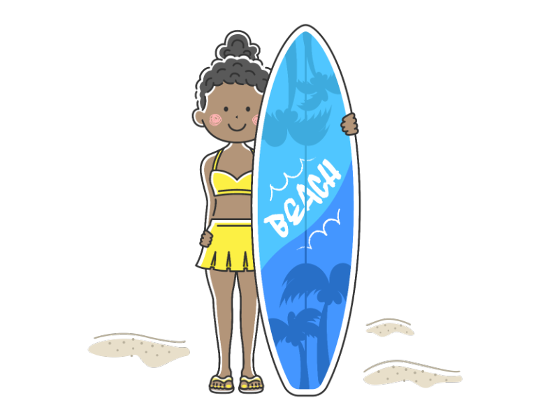 サーフボードを持った水着の黒人女性の透過PNGイラスト