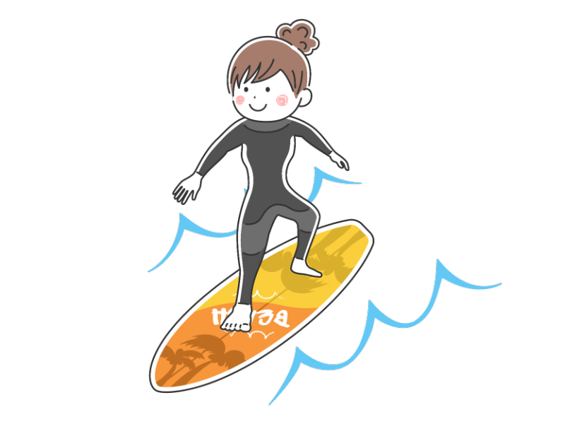 サーフィンをするウエットスーツを着た女性の透過PNGイラスト