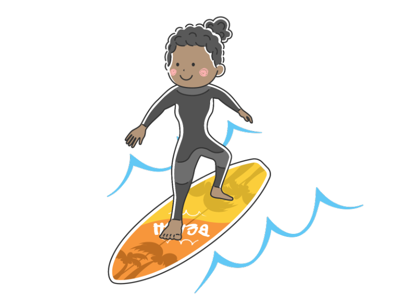サーフィンをするウエットスーツを着た黒人女性の透過PNGイラスト