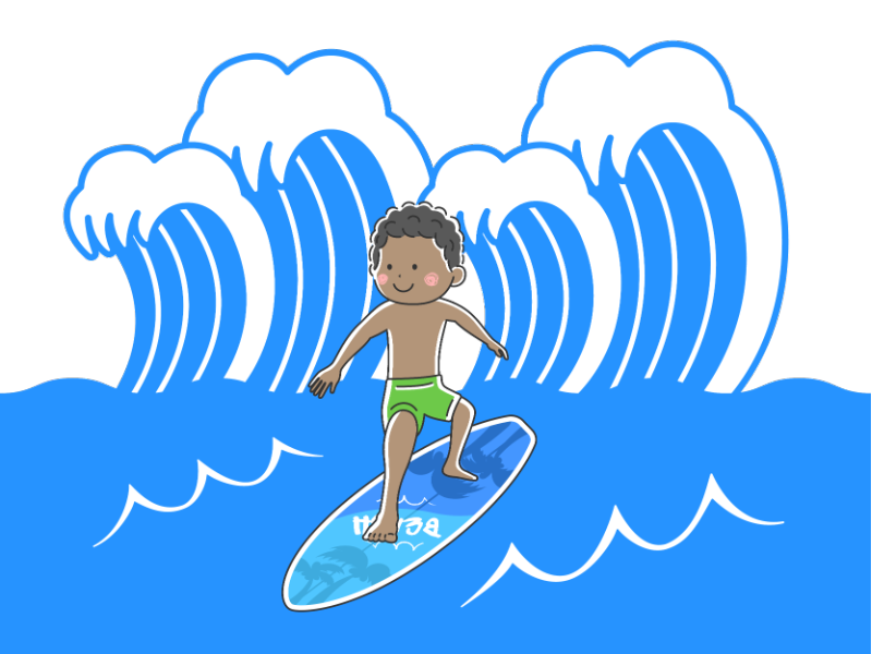 海でサーフィンをする水着の黒人男性の透過PNGイラスト