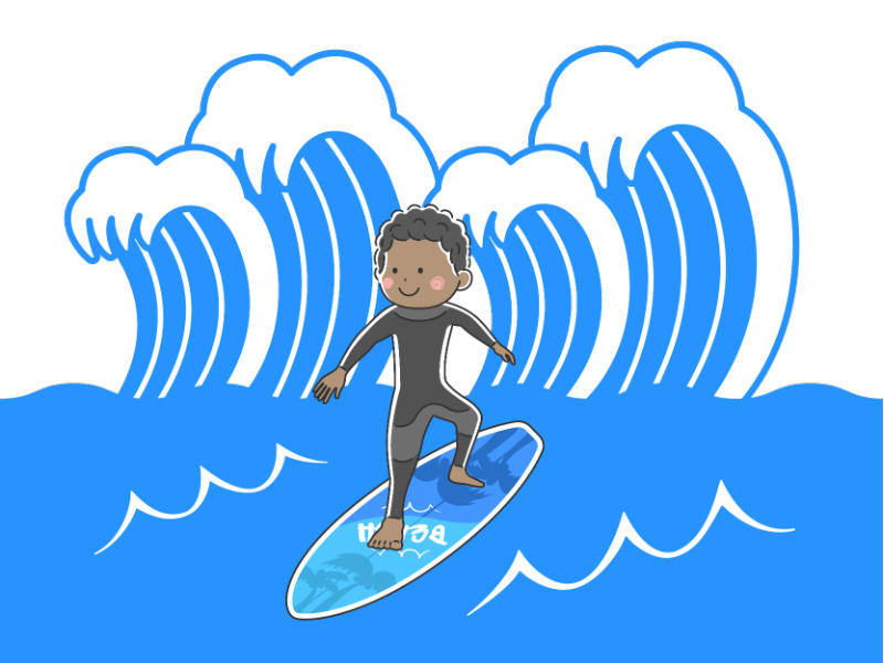 海でサーフィンをするウエットスーツを着た黒人男性の透過PNGイラスト