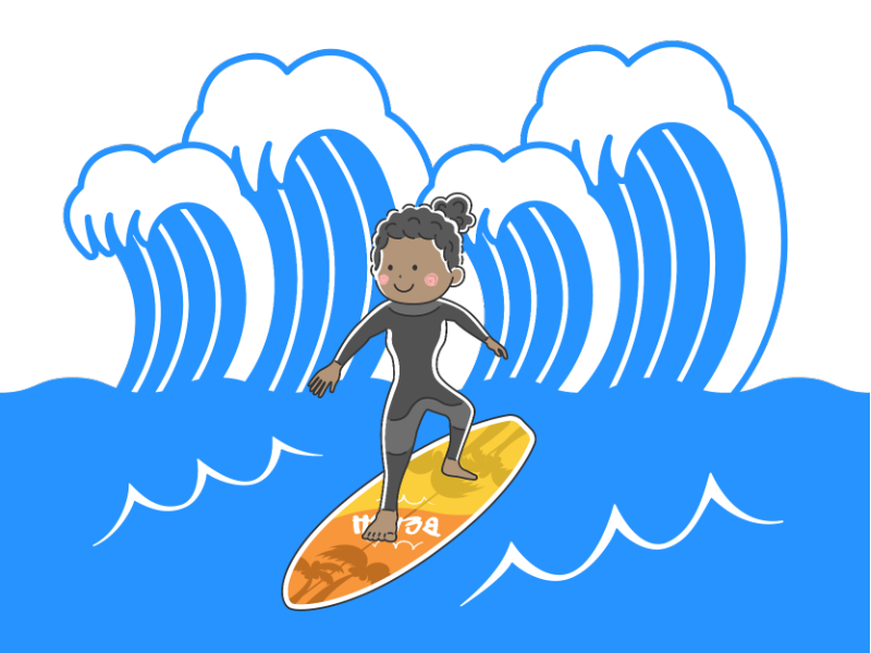 海でサーフィンをするウエットスーツを着た黒人女性の透過PNGイラスト