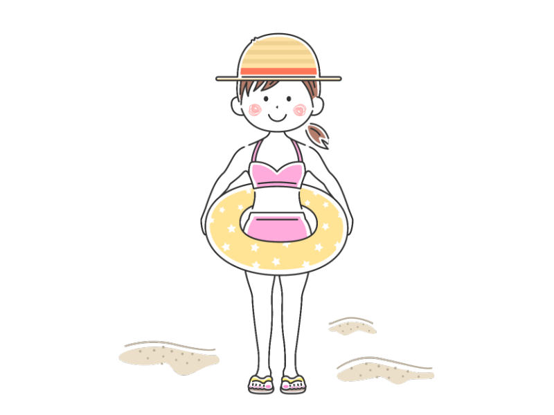 浮き輪を持った麦わら帽子をかぶった水着を着た女性の透過PNGイラスト
