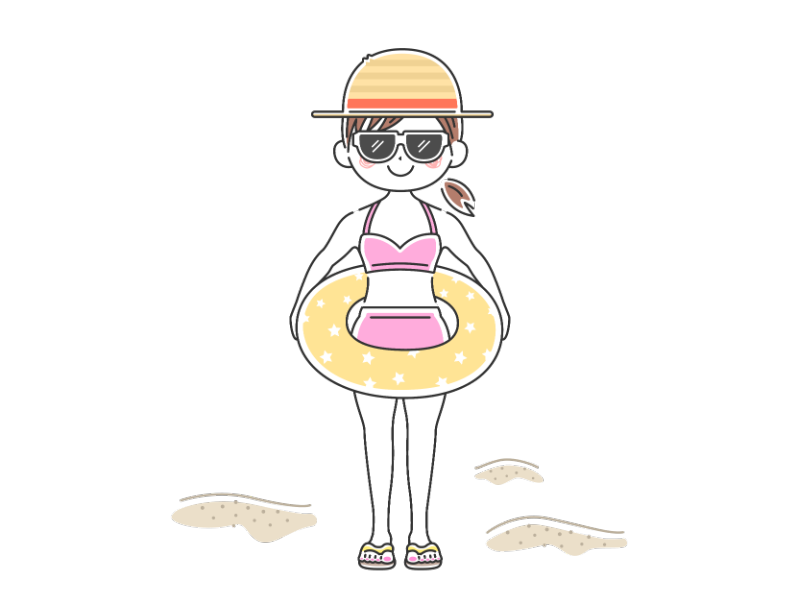 浮き輪を持った麦わら帽子をかぶってサングラスをかけた水着を着た女性の透過PNGイラスト