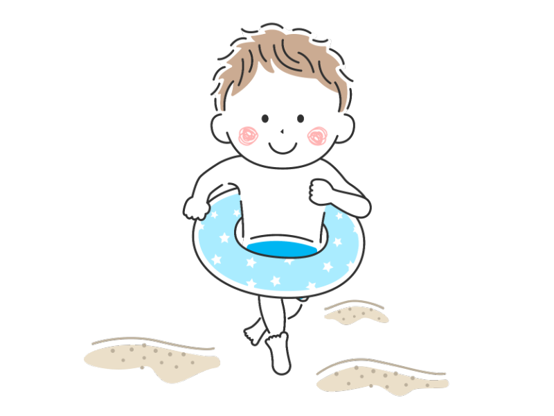 海で浮き輪をつけて走る男の子の透過PNGイラスト