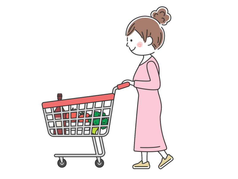 ショッピングカートを押す女性の透過PNGイラスト