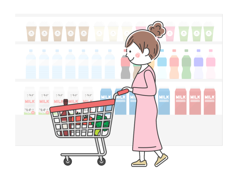 スーパーでショッピングカートで買い物をする女性の透過PNGイラスト