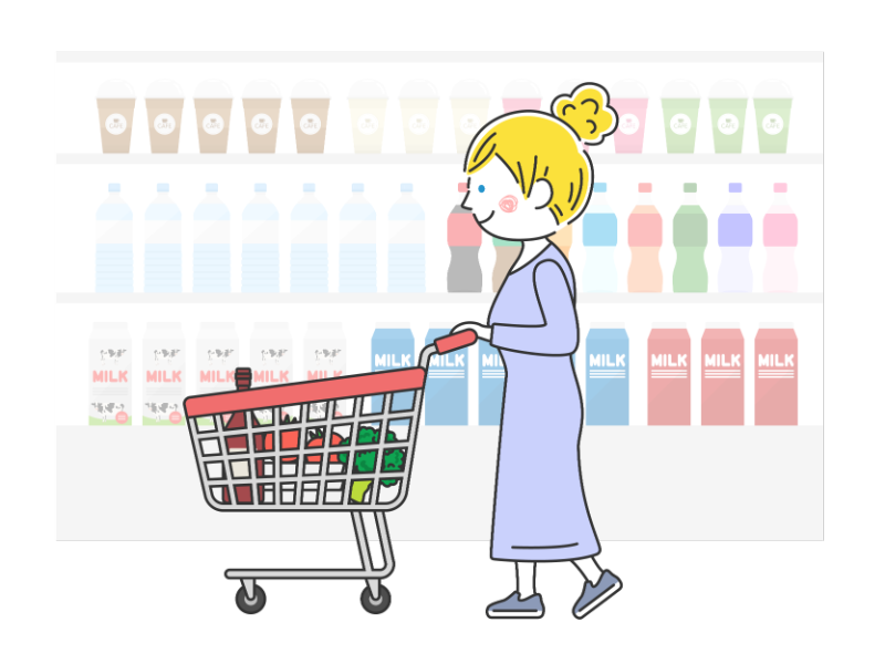 スーパーでショッピングカートで買い物をする白人女性の透過PNGイラスト