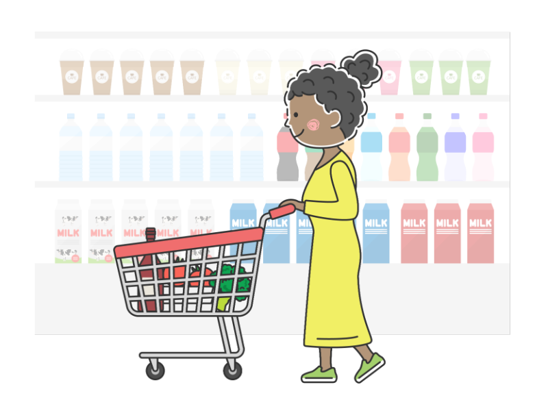 スーパーでショッピングカートで買い物をする黒人女性の透過PNGイラスト