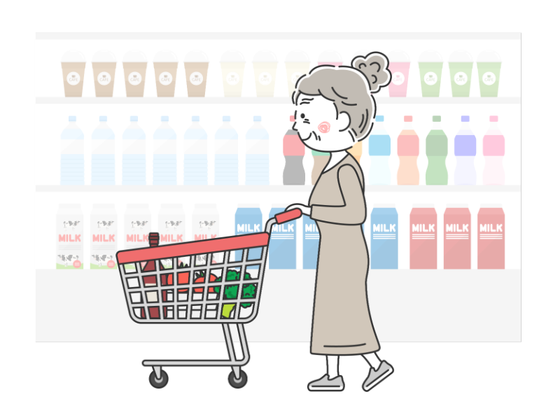 スーパーでショッピングカートで買い物をする年配女性の透過PNGイラスト