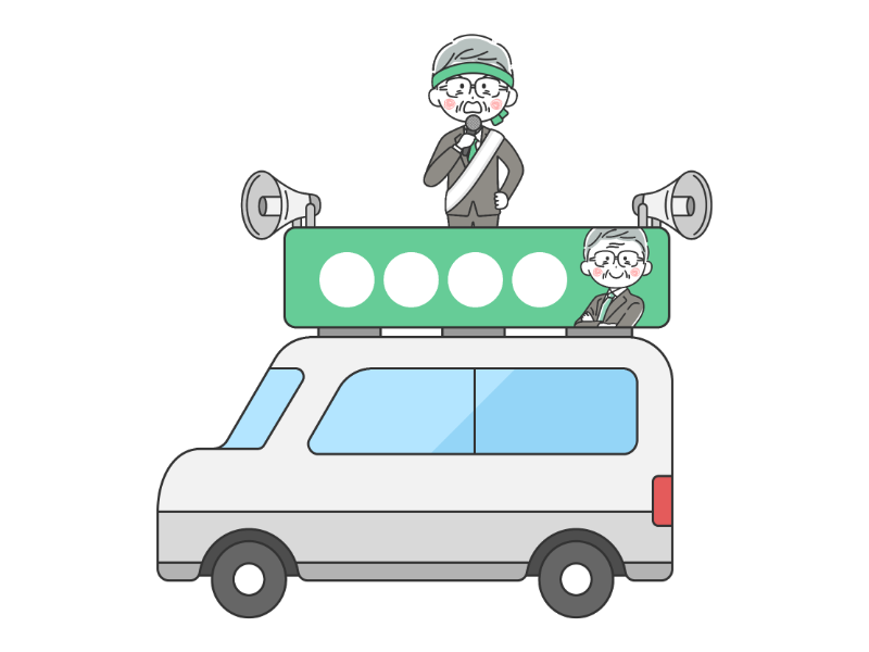 選挙カーに乗って演説する年配の男性候補者の透過PNGイラスト