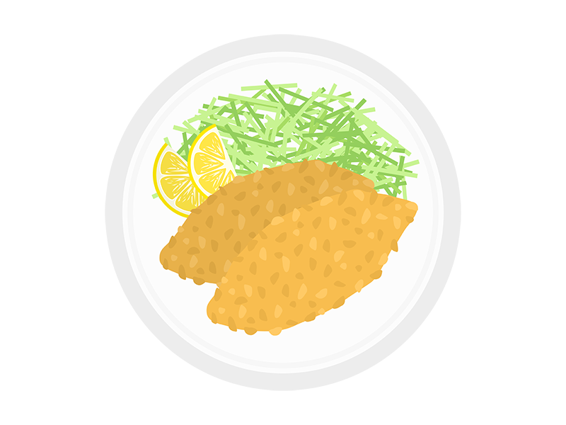 皿に盛られた白身魚のフライの透過PNGイラスト