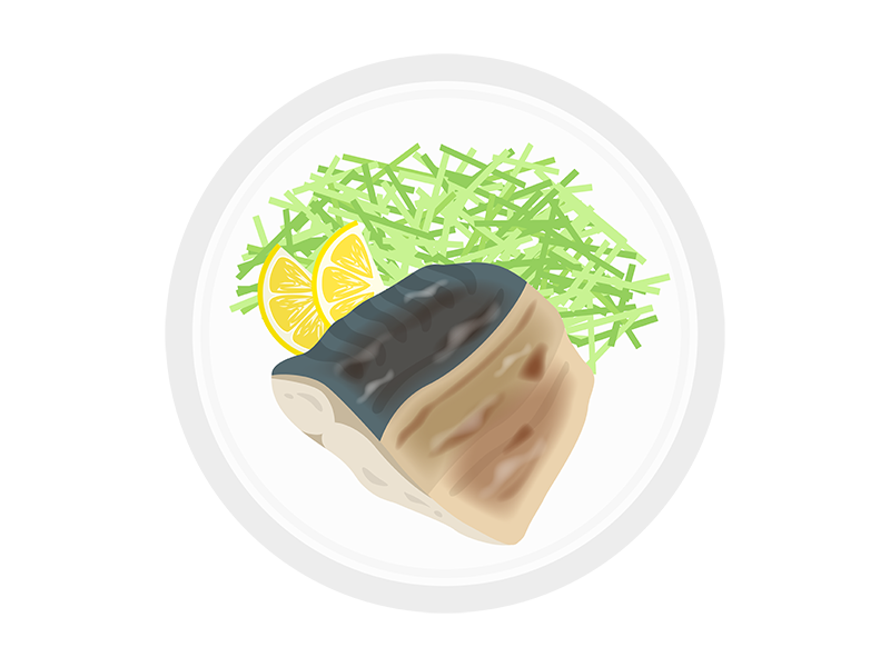 皿に盛られた鯖の塩焼きの透過PNGイラスト