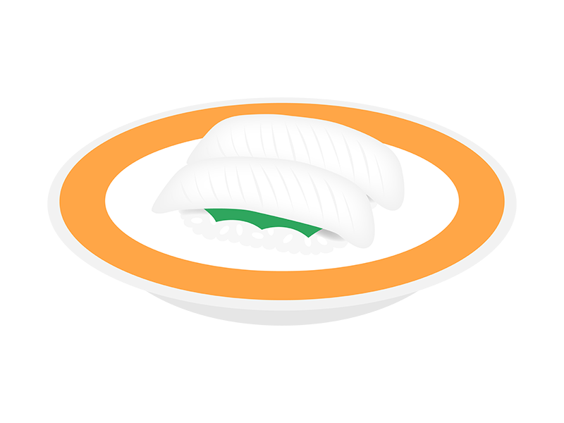 回転寿司の皿にのったイカの寿司の透過PNGイラスト
