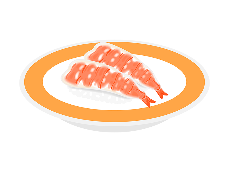 回転寿司の皿にのった、海老の寿司の透過PNGイラスト