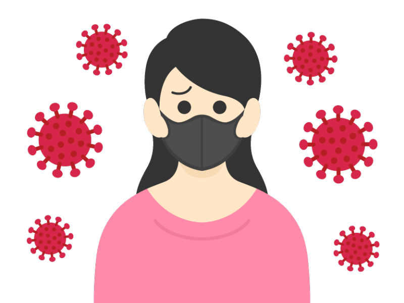 ウイルスに感染したマスクをした私服の女性の透過PNGイラスト