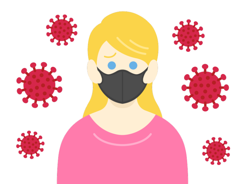 ウイルスに感染したマスクをした私服の白人女性の透過PNGイラスト