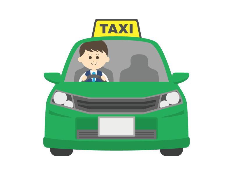 緑のタクシーと男性の運転手の透過PNGイラスト