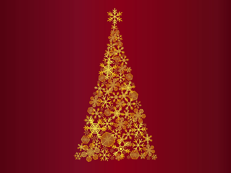 雪の結晶でできたクリスマスツリー（ゴールド）の透過PNGイラスト