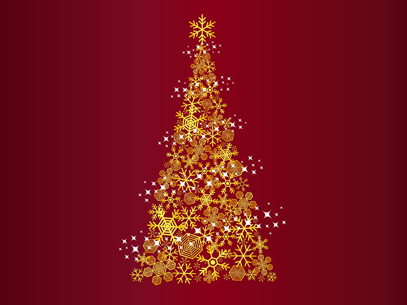 雪の結晶でできた、キラキラ輝くクリスマスツリー（ゴールド）の透過PNGイラスト