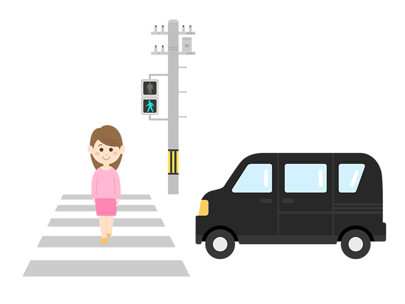 青信号（LED）で横断歩道を渡る女性の透過PNGイラスト