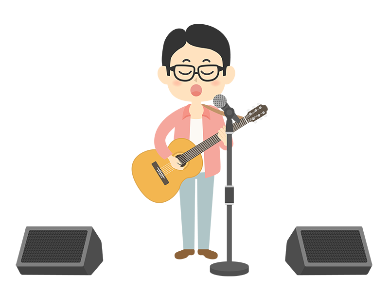 路上ライブで、ギターを持って歌う、メガネをかけた男性の透過PNGイラスト