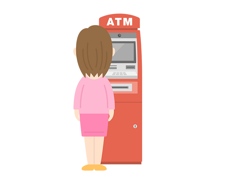 ATMを利用する女性（全身）の透過PNGイラスト