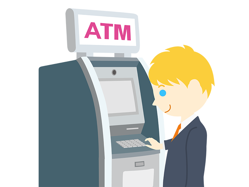 ATMを利用する、白人ビジネスマンの透過PNGイラスト